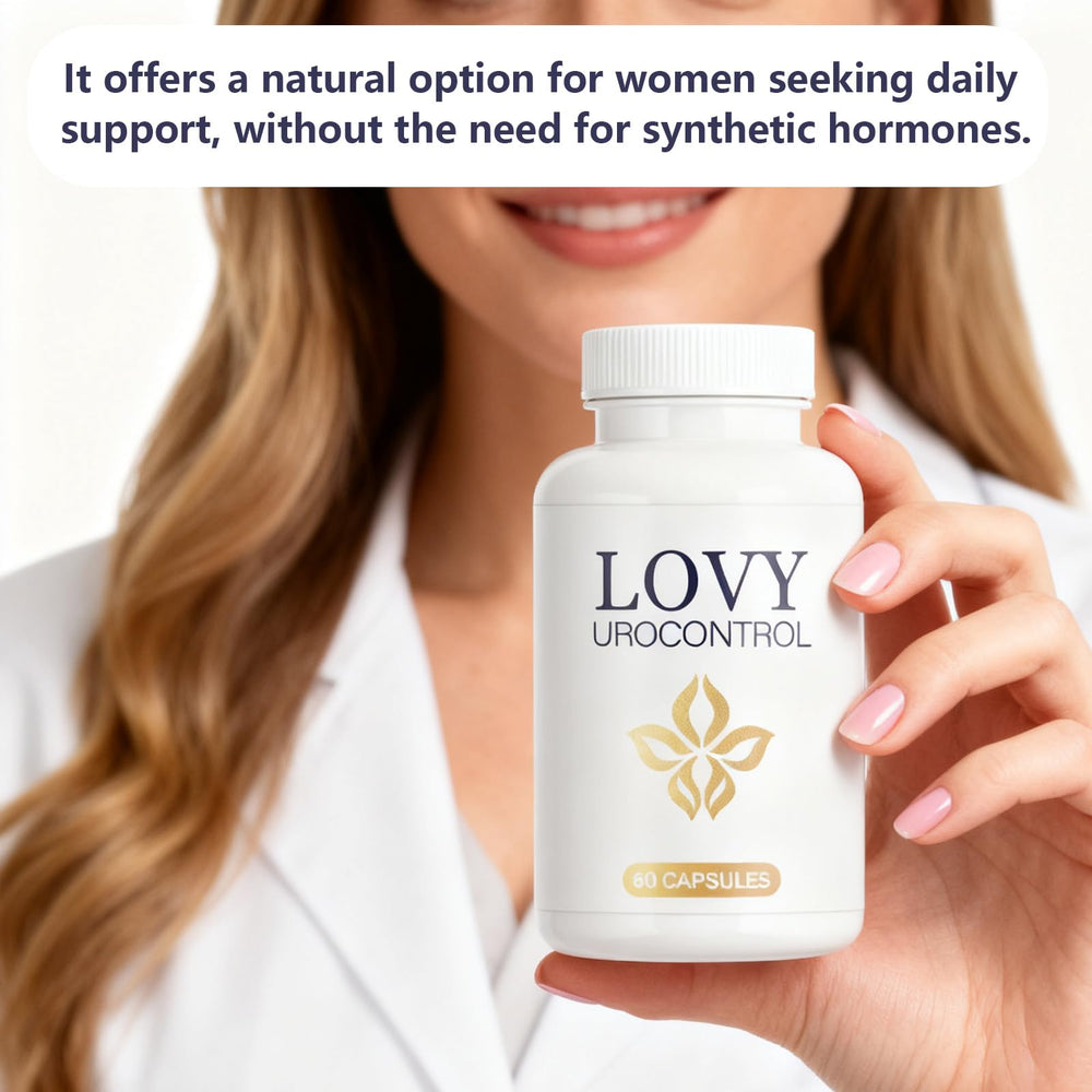 Lovy product bottle back view highlighting non-GMO and GMP-certified formula