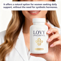 Lovy product bottle back view highlighting non-GMO and GMP-certified formula