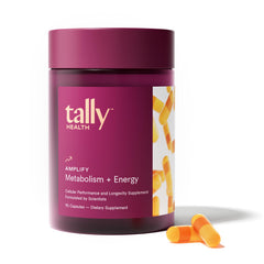 Tally Health Amplify bottle front with vegan capsules for daily energy support