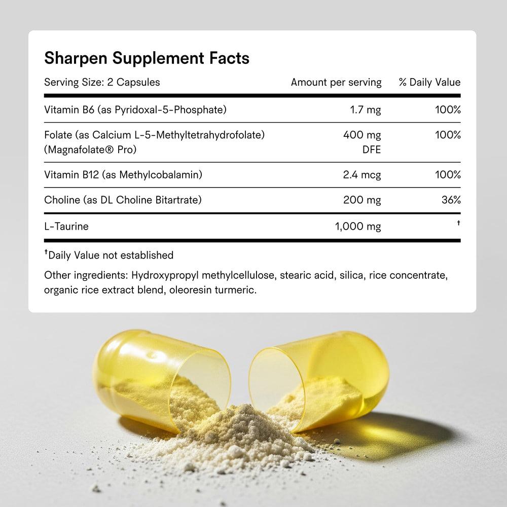 Tally Health Sharpen dosage card with med-sized scoop for routine use.