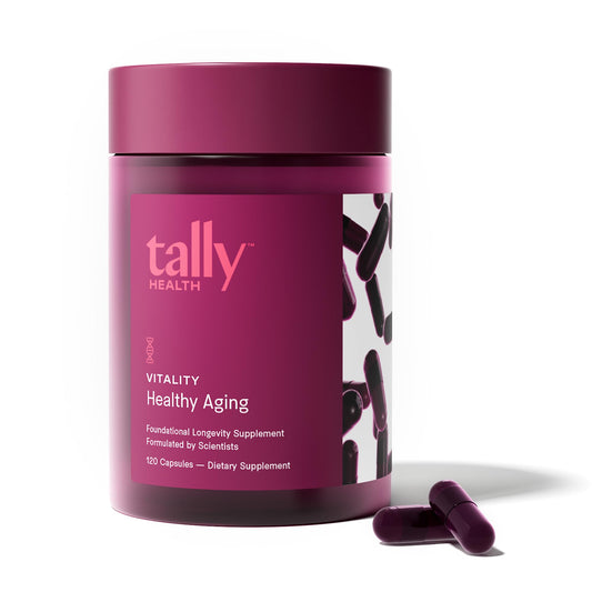 Tally Health Vitality Longevity Formula bottle showing the product branding and label, energy support visual.