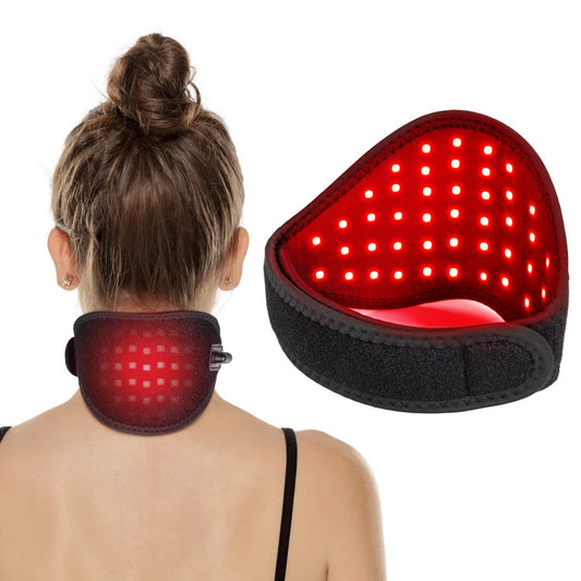 Talsafe neck wrap worn for at-home light therapy targeting neck comfort.