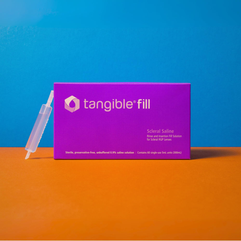 Tangible Fill packaging shows single-use, preservative-free saline for lens rinsing.