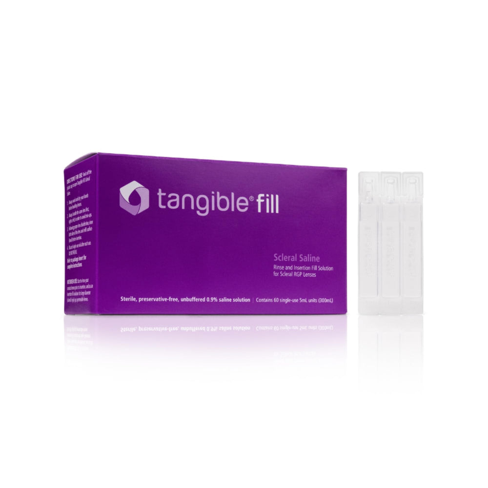 Tangible Fill sterile saline 5mL vial close-up for scleral lens rinsing.