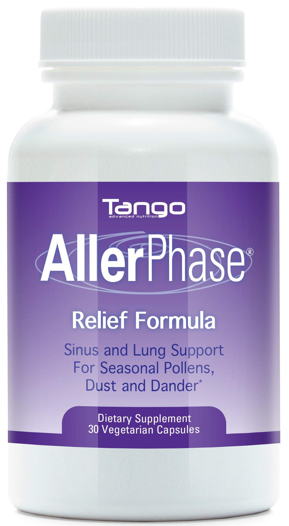 Tango AllerPhase sinus-relief bottle showcasing herbal blend for seasonal comfort.
