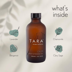 TARA Spa Therapy Calm bottle pour demonstrates easy, quick massage preparation.