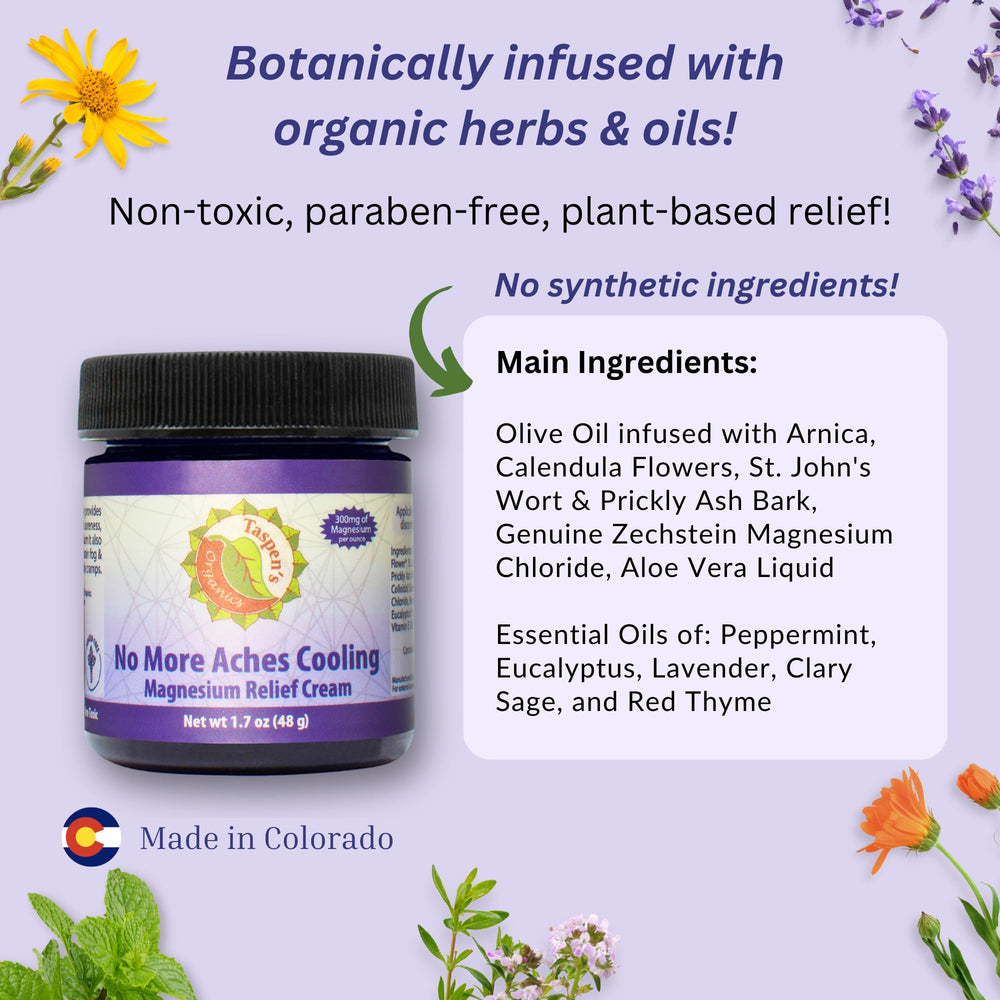 Taspen's Organics Magnesium No More Aches Cream with arnica for soothing post-activity recovery.