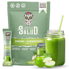 Taste Salud 2-in-1 greens packets on table for easy daily nutrition.