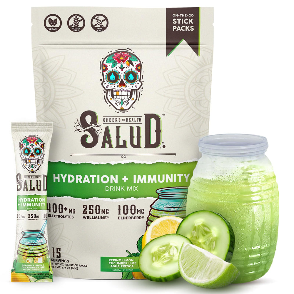 Taste Salud 2-in-1 hydration packets pour into water for on-the-go refreshment.