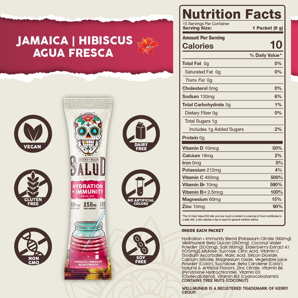 Taste Salud agua fresca drink in glass highlights flavorful electrolyte boost with low sugar.
