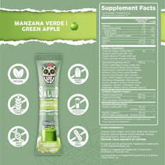 Taste Salud green apple flavor packet close-up showing mixability and taste.