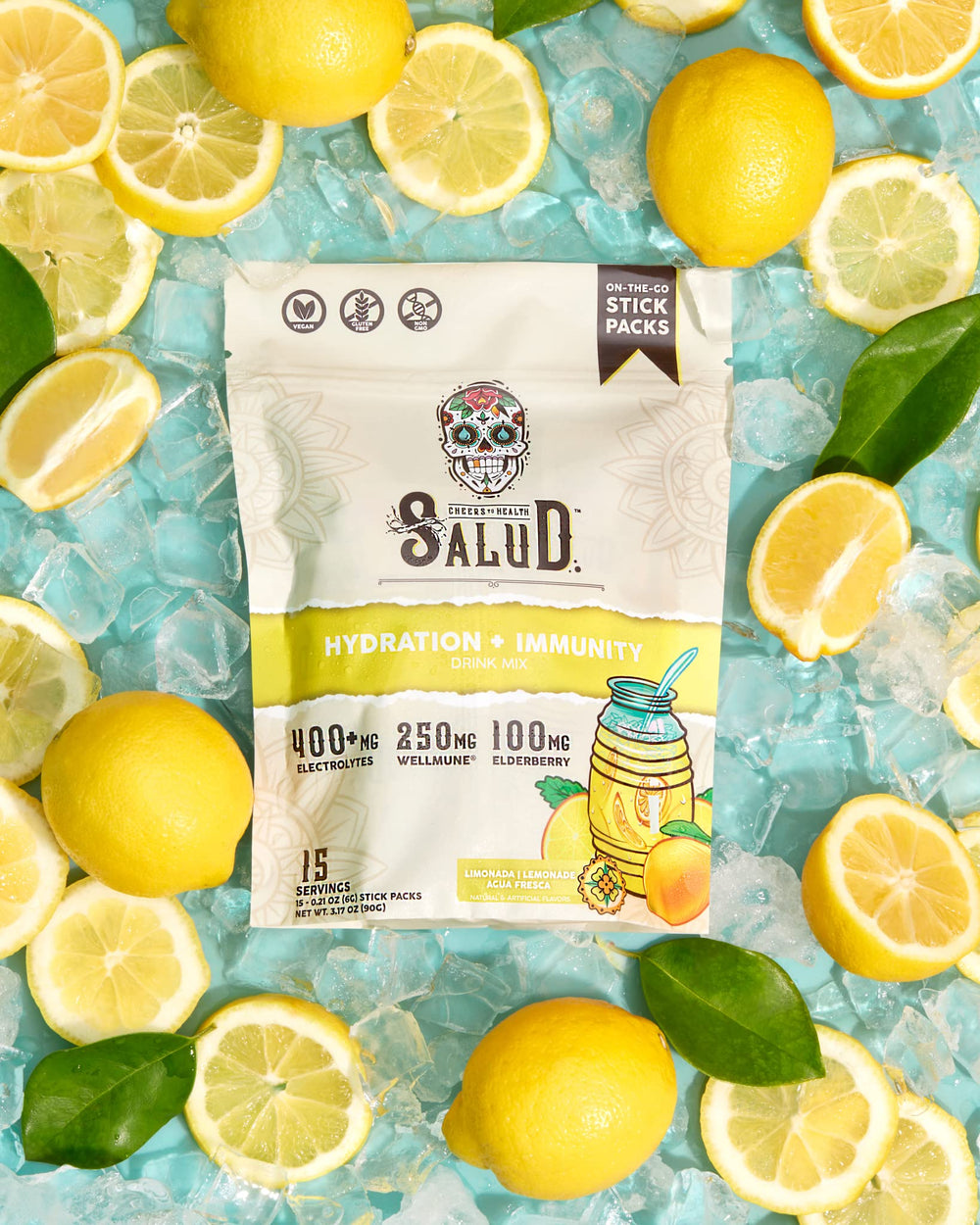 Taste Salud on-the-go stick pack next to a water bottle for travel hydration.