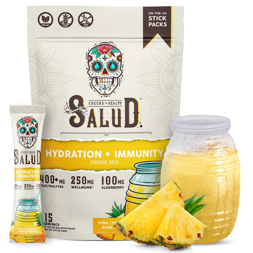 Taste Salud pineapple hydration packet ready to mix for on-the-go refreshment.