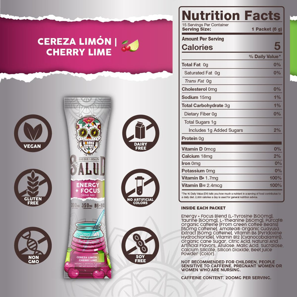 Taste Salud PurCaf and AmaTea caffeine sources on label, promoting balanced energy