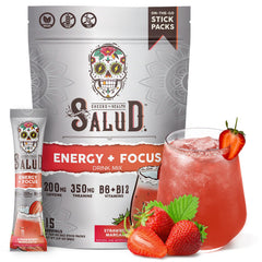 Taste Salud 2-in-1 energy strawberry margarita powder being poured for focused, clean energy.