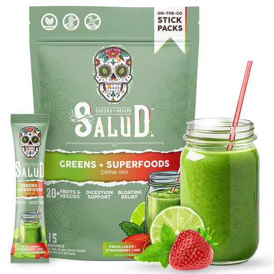 Taste Salud two-in-one greens stick pack front shows on-the-go nutrition for digestion support.