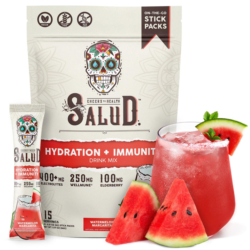 Taste Salud Watermelon Margarita hydration packet dissolving in water for refreshing flavor