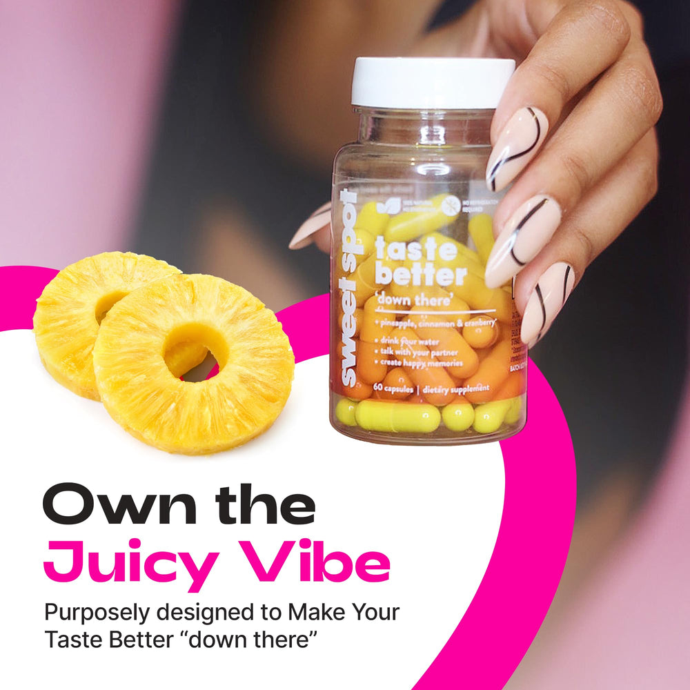 Taste The Sweet Spot capsules in glass jar emphasize vegan, gluten free health support
