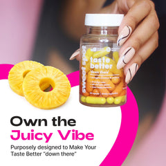 Taste The Sweet Spot capsules in glass jar emphasize vegan, gluten free health support