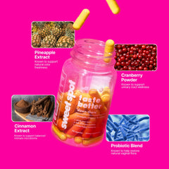 Taste The Sweet Spot ingredients panel showcases pineapple, cranberry, and cinnamon for natural wellness