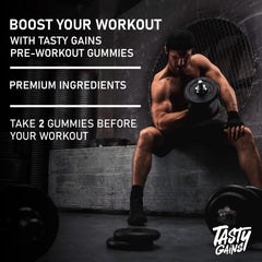 TASTY GAINS amber bottle packaging for premium preworkout gummies.