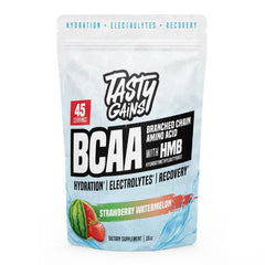 TASTY GAINS amino energy powder bottle pour for quick hydration.