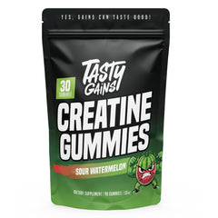 TASTY GAINS Creatine Gummies bottle front for convenient daily supplementation.