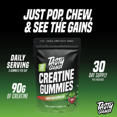 TASTY GAINS Creatine Gummies close-up showing glossy texture and flavor.