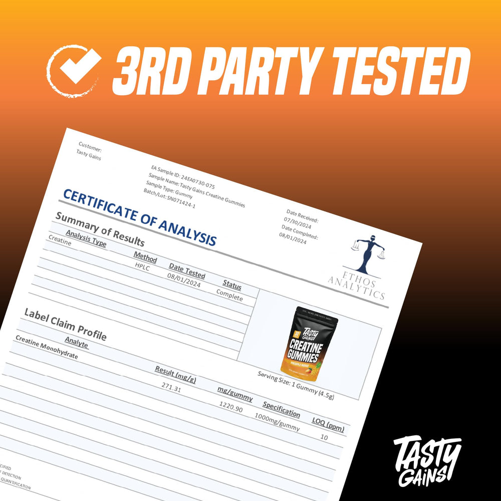 TASTY GAINS Creatine Gummies label shot communicates 1g creatine per gummy