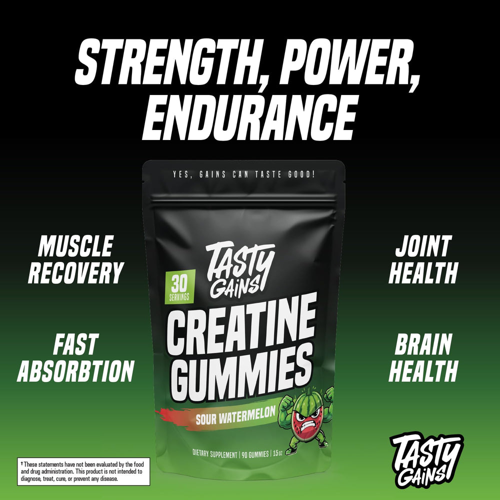TASTY GAINS Creatine Gummies on-the-go during workout for convenience.