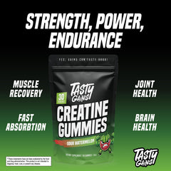 TASTY GAINS Creatine Gummies on-the-go during workout for convenience.