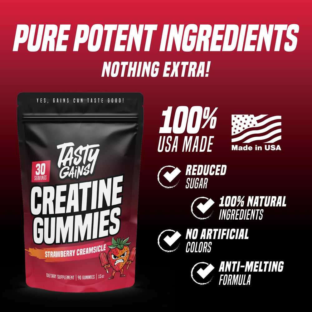 TASTY GAINS packaging highlights non-GMO USA-made formula