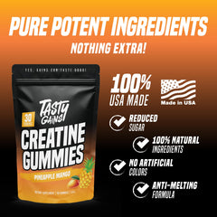 TASTY GAINS Creatine Gummies packshot Pineapple Mango highlights flavorful, sugar-conscious supplementation