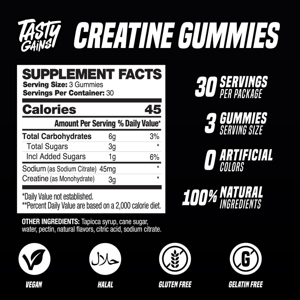 TASTY GAINS gummy texture closeup emphasizes candy-like chew for workouts