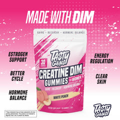 TASTY GAINS DIM hormone balance gummies bottle promoting estrogen metabolism