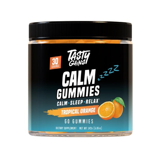 TASTY GAINS magnesium gummies bottle close-up showing sugar-free calm support