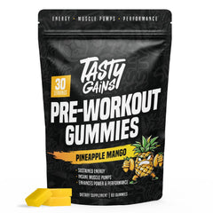 TASTY GAINS preworkout gummies pineapple mango bottle shows quick energy before training.