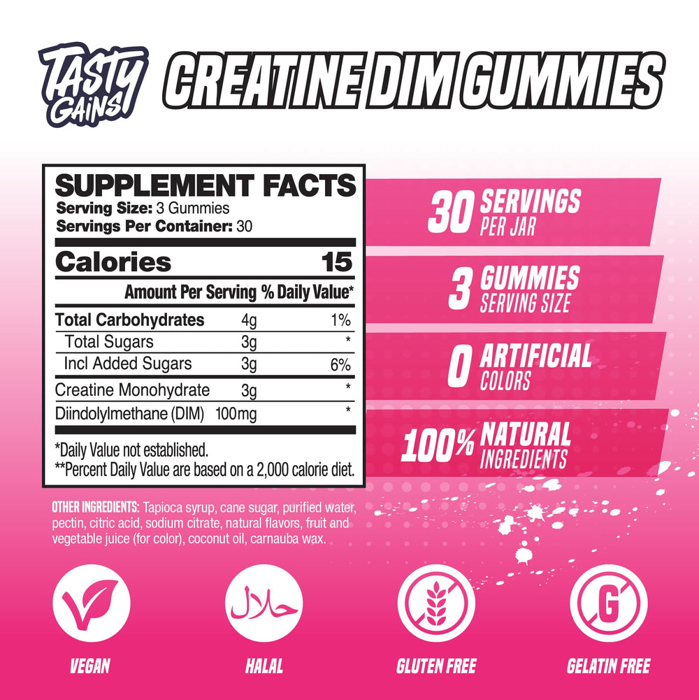 TASTY GAINS USA-made GMP facility label on gummies bottle