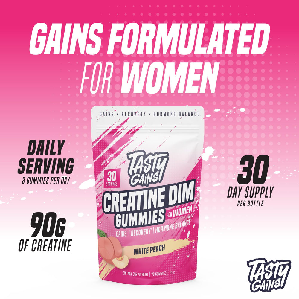 TASTY GAINS vegan creatine gummies women pack highlighting plant-based formula