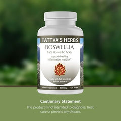 Tattva's Herbs Boswellia Serrata bottle back label shows non-GMO packaging.