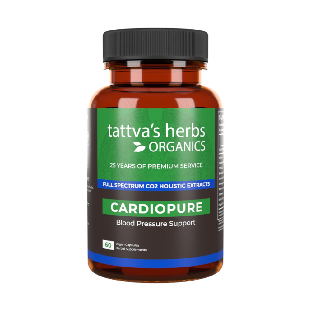 Tattva's Herbs Cardiopure bottle on display, supports daily wellness through Ayurvedic blends.