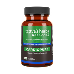 Tattva's Herbs Cardiopure bottle with veggie capsules for daily support.