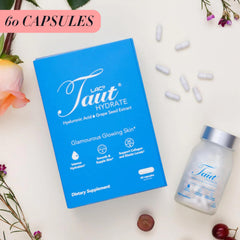 TAUT Hydrate capsules close-up highlighting 120 mg HA for deep hydration.