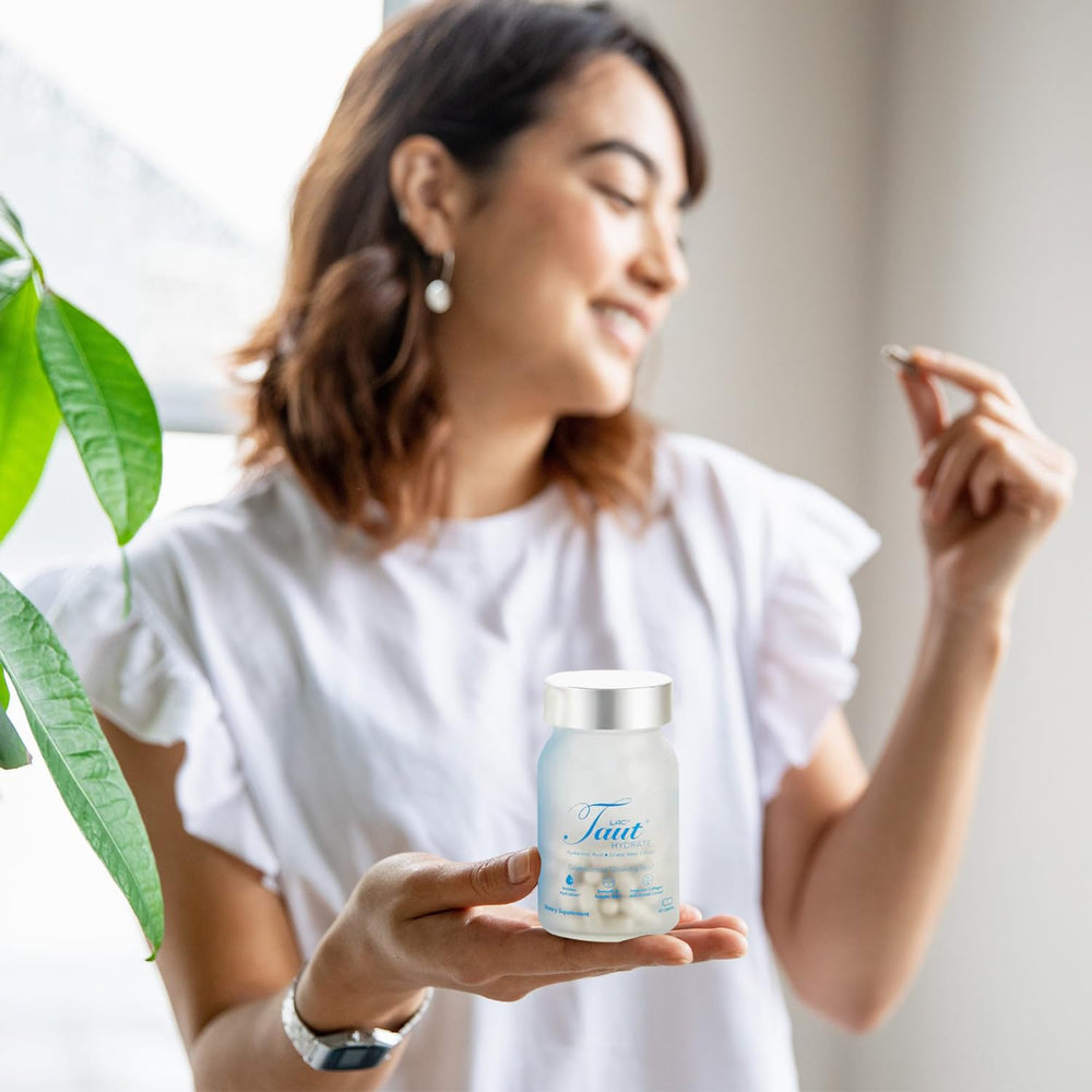 TAUT Hydrate packaging front, vegan and non-GMO formula for clean beauty.