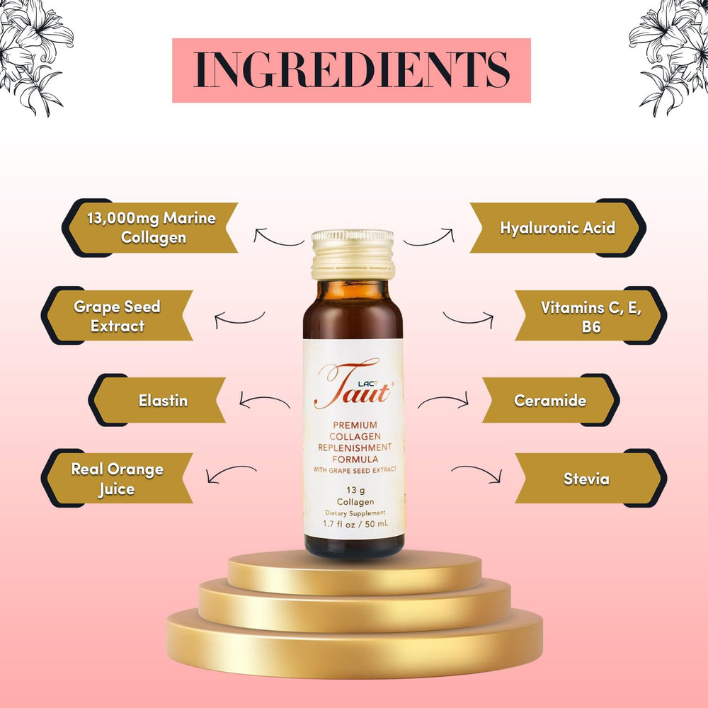TAUT Liquid Collagen packaging box highlighting eight bottles