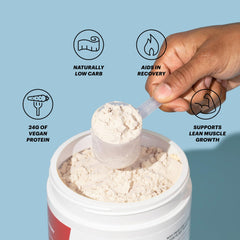 TB12 cookies-and-cream powder scoop emphasizes tasty flavor in a shake.