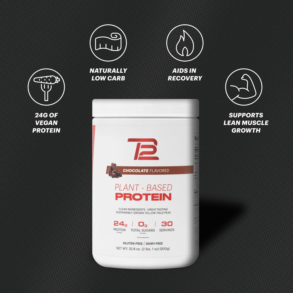 Dairy-free TB12 powder packaging highlighting vegan, non-GMO ingredients.