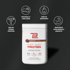 Dairy-free TB12 powder packaging highlighting vegan, non-GMO ingredients.
