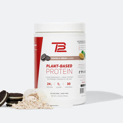 TB12 protein powder jar label highlights plant-based formula for convenient post-workout fueling.