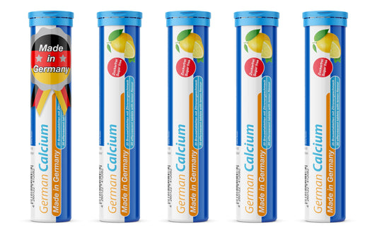 T&D German Calcium 500 mg bottle with lemon lime effervescent tablets for daily calcium intake.